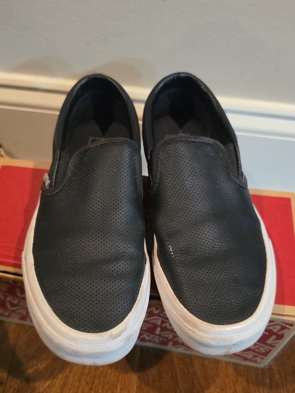 Vans Black Slip-On Perforated Leather Loafers with White Sole